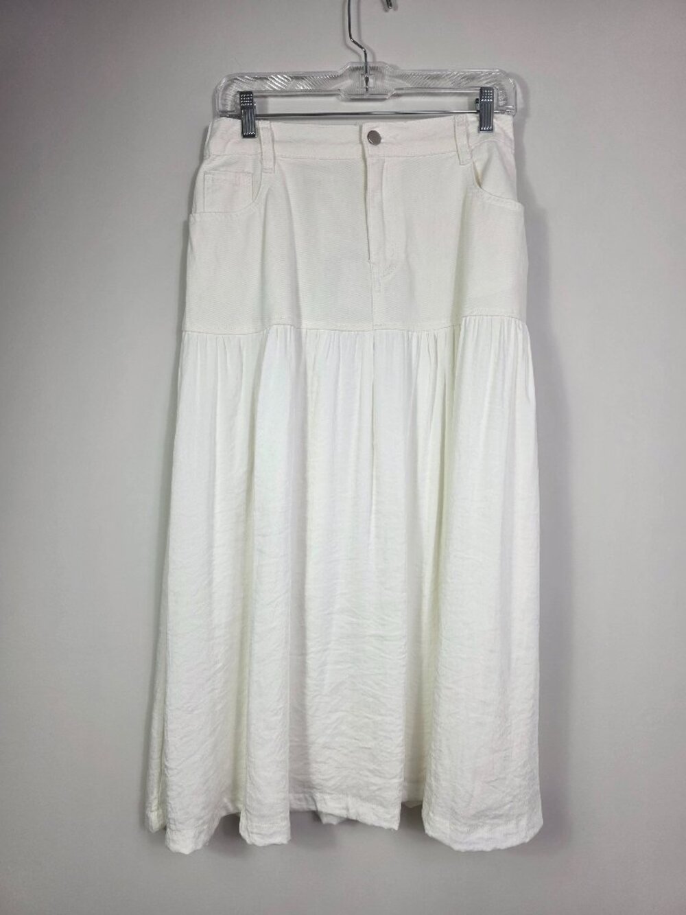 Womens Mixed Media Denim Midi Skirt Off White by Hayden Los Angeles Size L NEW